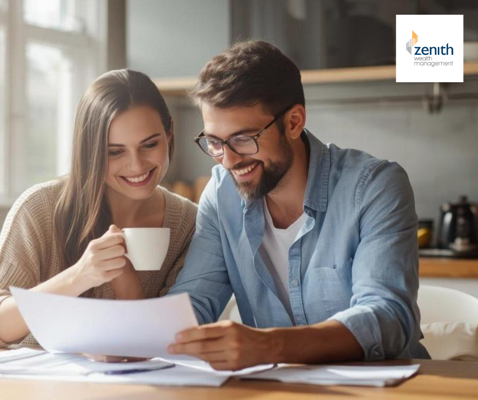 Smiling couple enjoying coffee at home – the feeling of financial ease.
